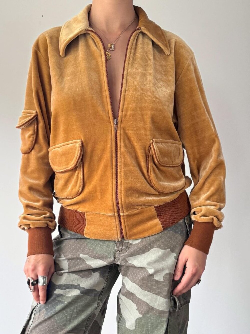 70s vintage brown tan velour velvet track jacket zip up sweatshirt with pockets